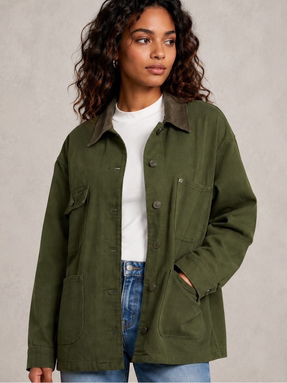 NWT Gianni Bini Rose Suede Collared Canvas Barn Jacket Sz S Green Casual